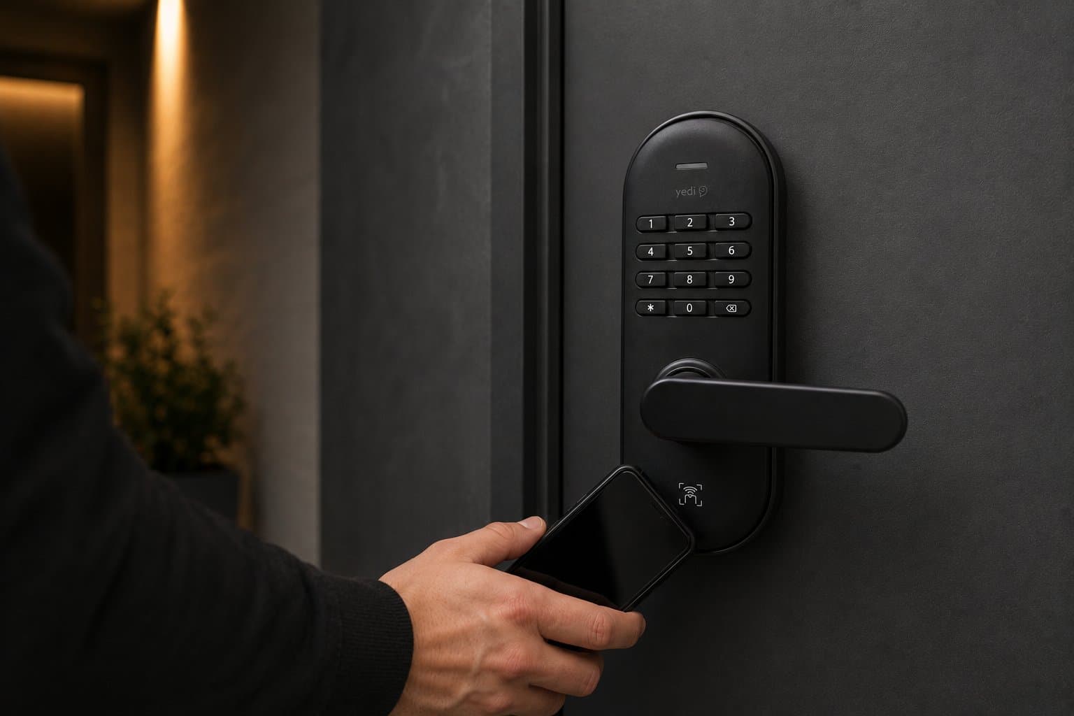Yedi Pro smart lock mounted on a door with NFC tap.