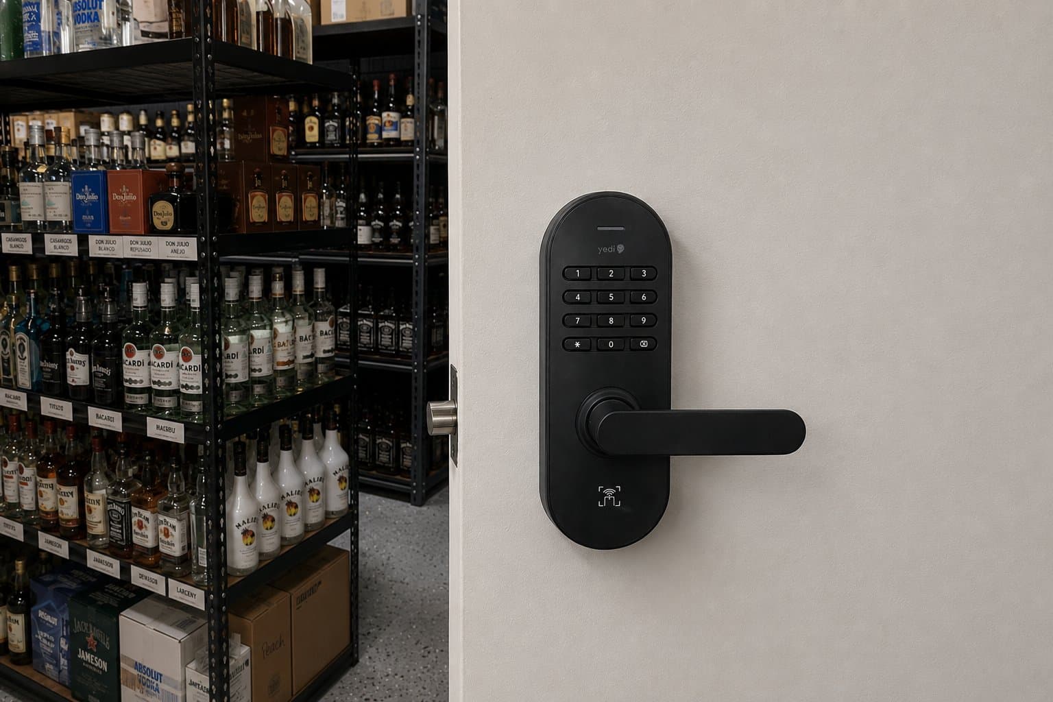 A partially open stockroom door with a Yedi smart lock, revealing shelves of high-value spirits inventory behind it.